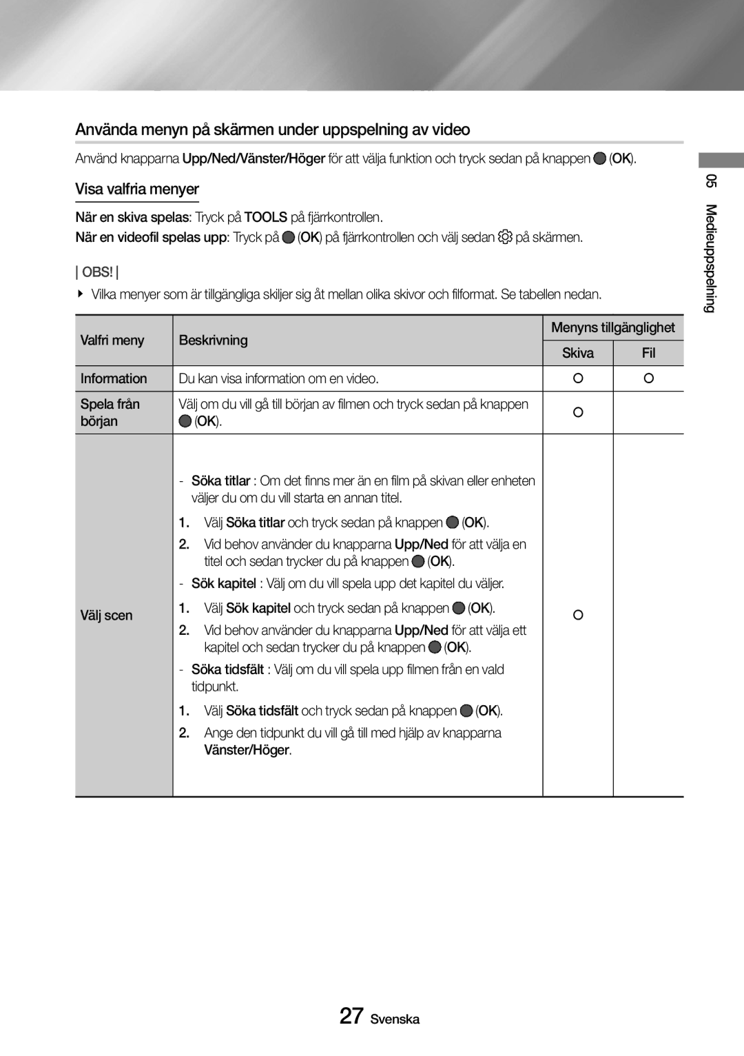 Samsung UBD-M7500/XE manual Använda menyn på skärmen under uppspelning av video, Visa valfria menyer, Fil, Början OK 